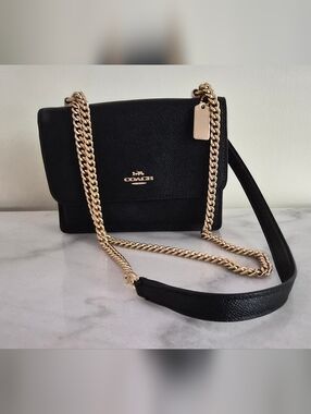 Coach Black Leather Chain Shoulder Bag with Gold Hardware